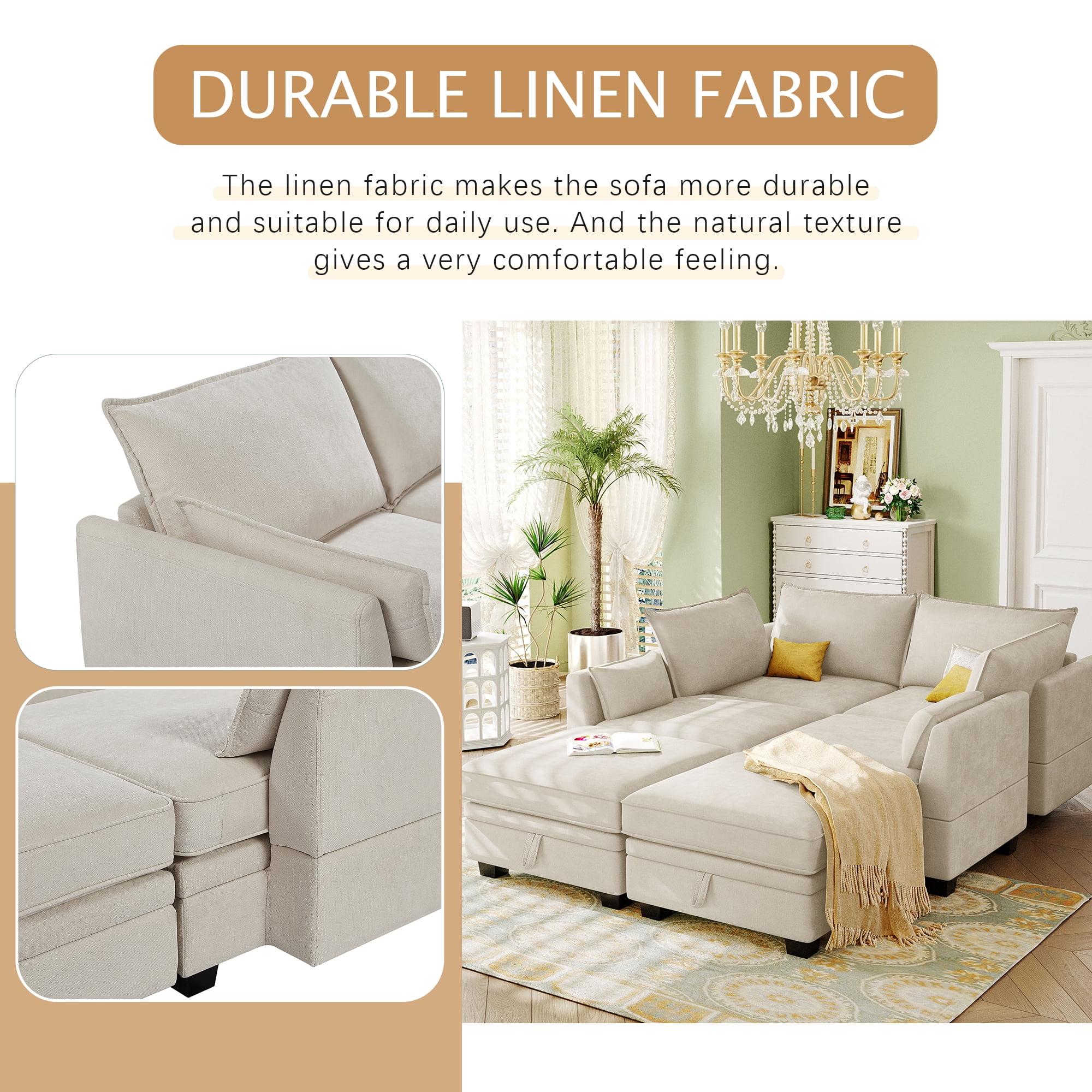 YYAo Modern Large U-Shape Modular Sectional Sofa, Reversible Sofa Bed with Storage Seat for Living Room, Beige YYAo Modern Large U-Shape Modular Sectional Sofa, Reversible Sofa Bed with Storage Seat for Living Room, Beige