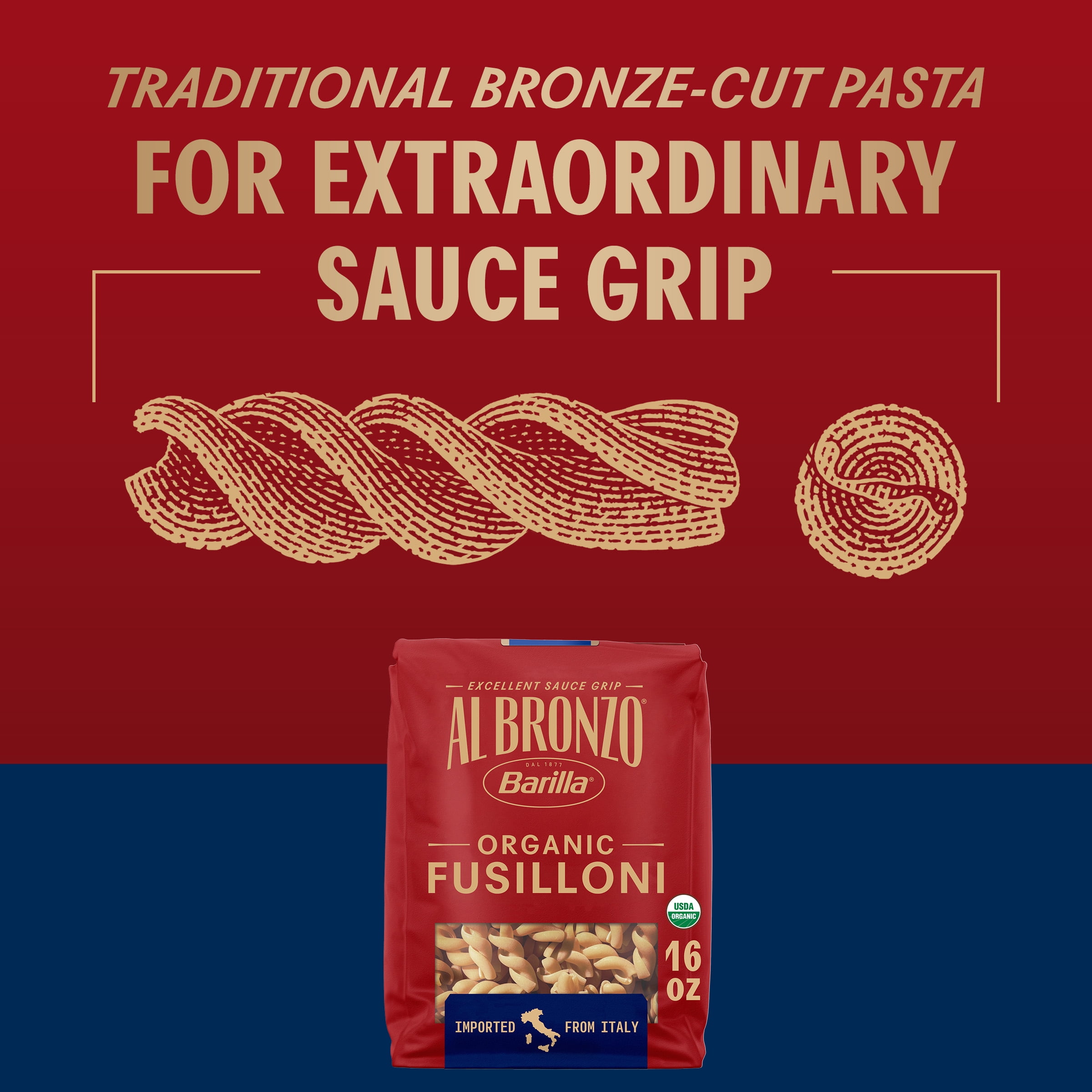 Al Bronzo by Barilla Organic Fusilloni Pasta, Bronze Cut Pasta, 16oz.