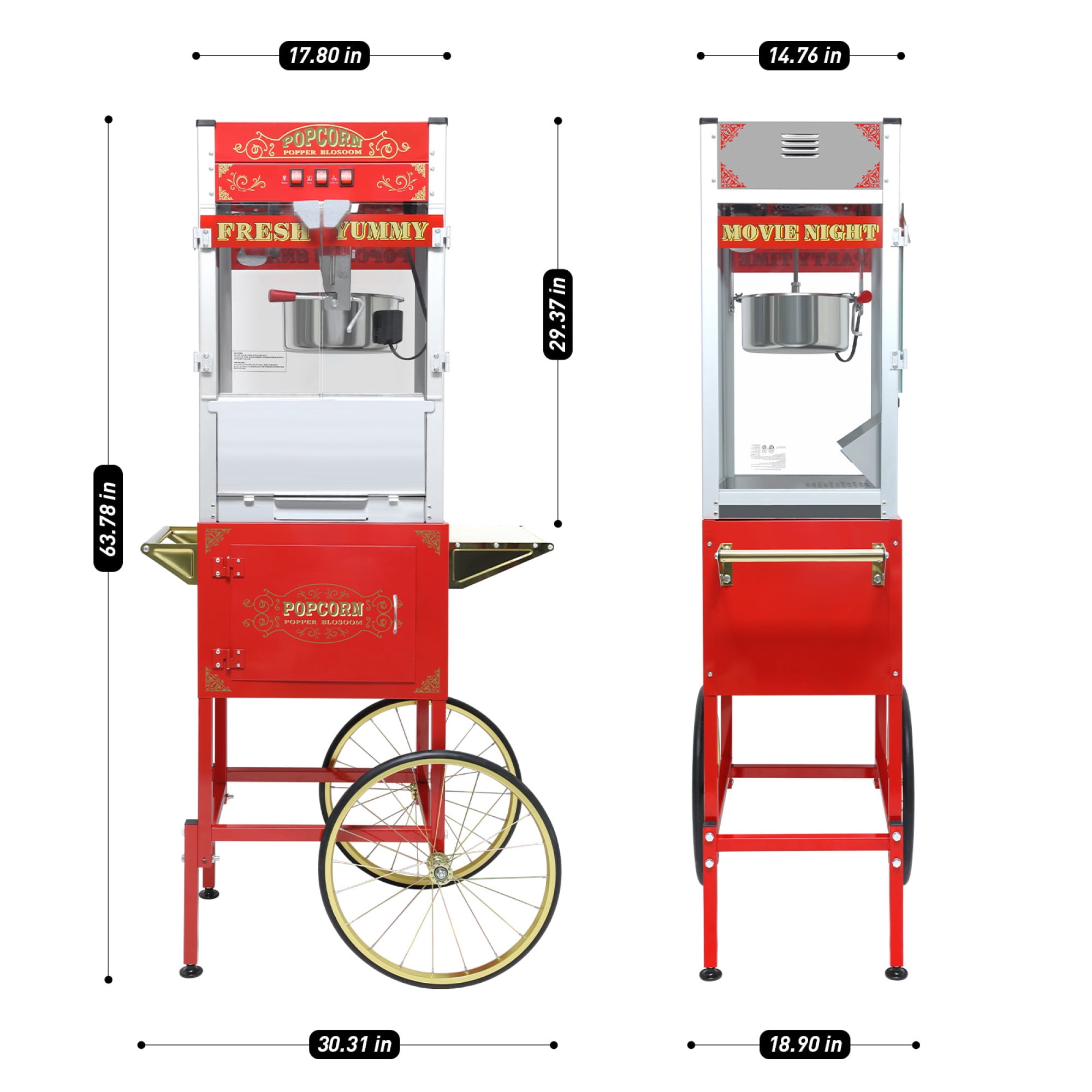 Leumius Commercial Popcorn Machine with Cart and 20-Ounce Kettle,Vintage-Style Popcorn with Tempered Glass and Warming Deck, 1450W Popcorn Popper for Parties, Events and Home Theater Red