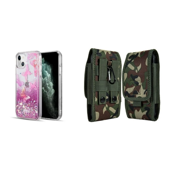Liquid Glitter Case for iPhone 14 and Belt Holster Pouch (Pink Butterfly/Jungle)