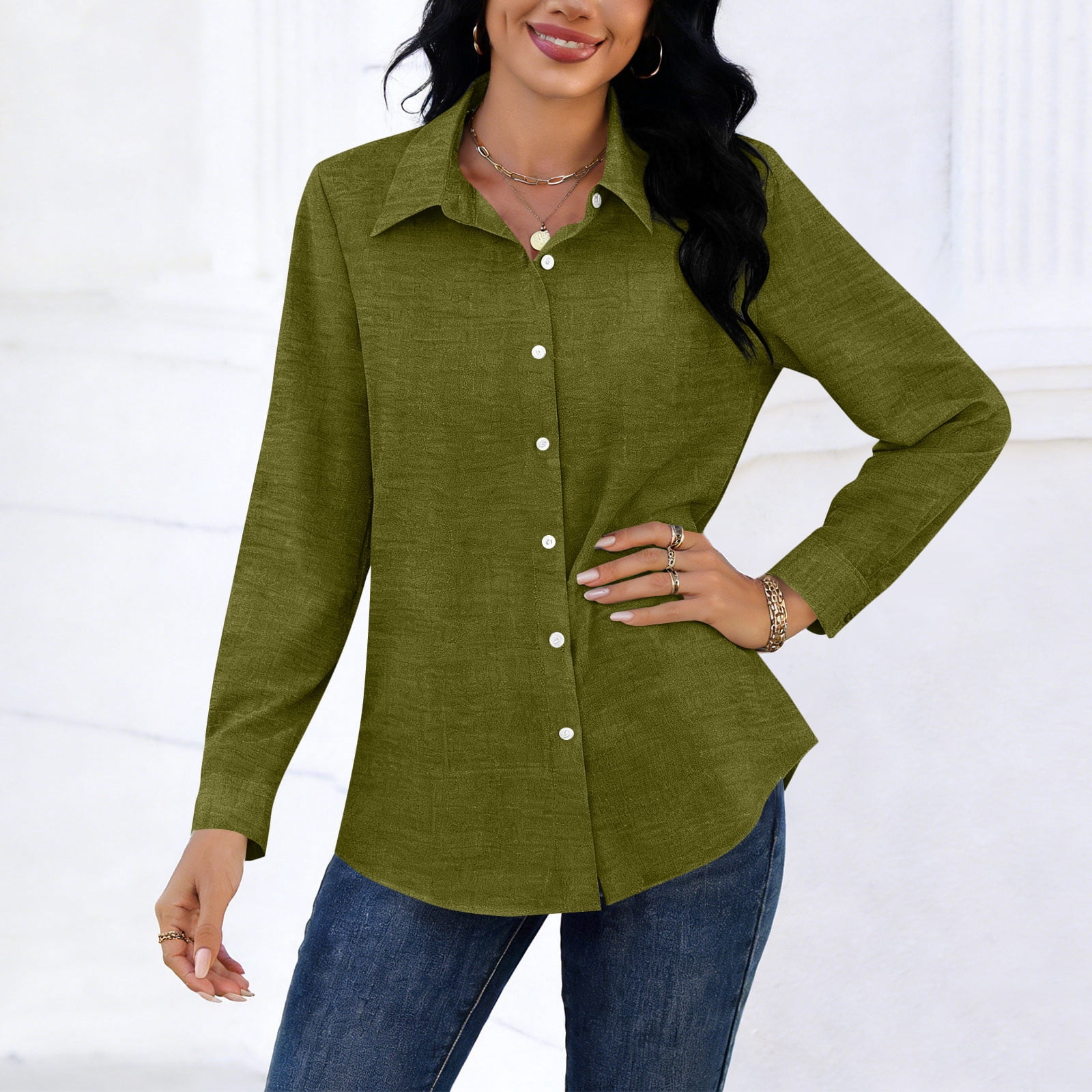 Wsyxszg Women's Collared Button Down 3/4 Sleeve Shirt Curved Hem