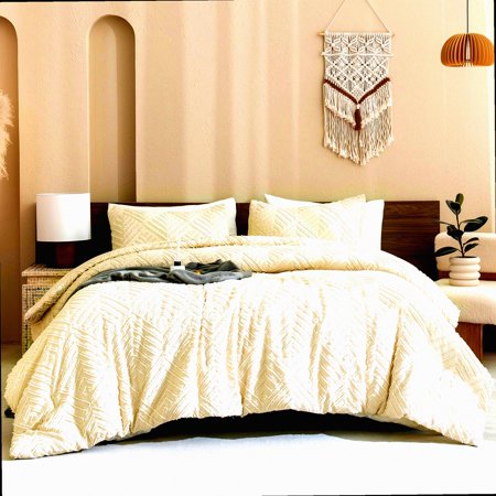 Boho Bliss Comforter Set - Soft Tufted Farmhouse Bedding - All Season Beige Bed Set - 3 Piece Comforters & Pillowcases - 104x90 Inches