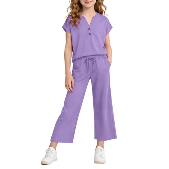 OGLCCG Two Piece Sets for Girls Summer Vacation Beach Travel Airport Outfits Cap Sleeve Henley Tops and Crop Pants Lounge Matching Sets 4-14 Years