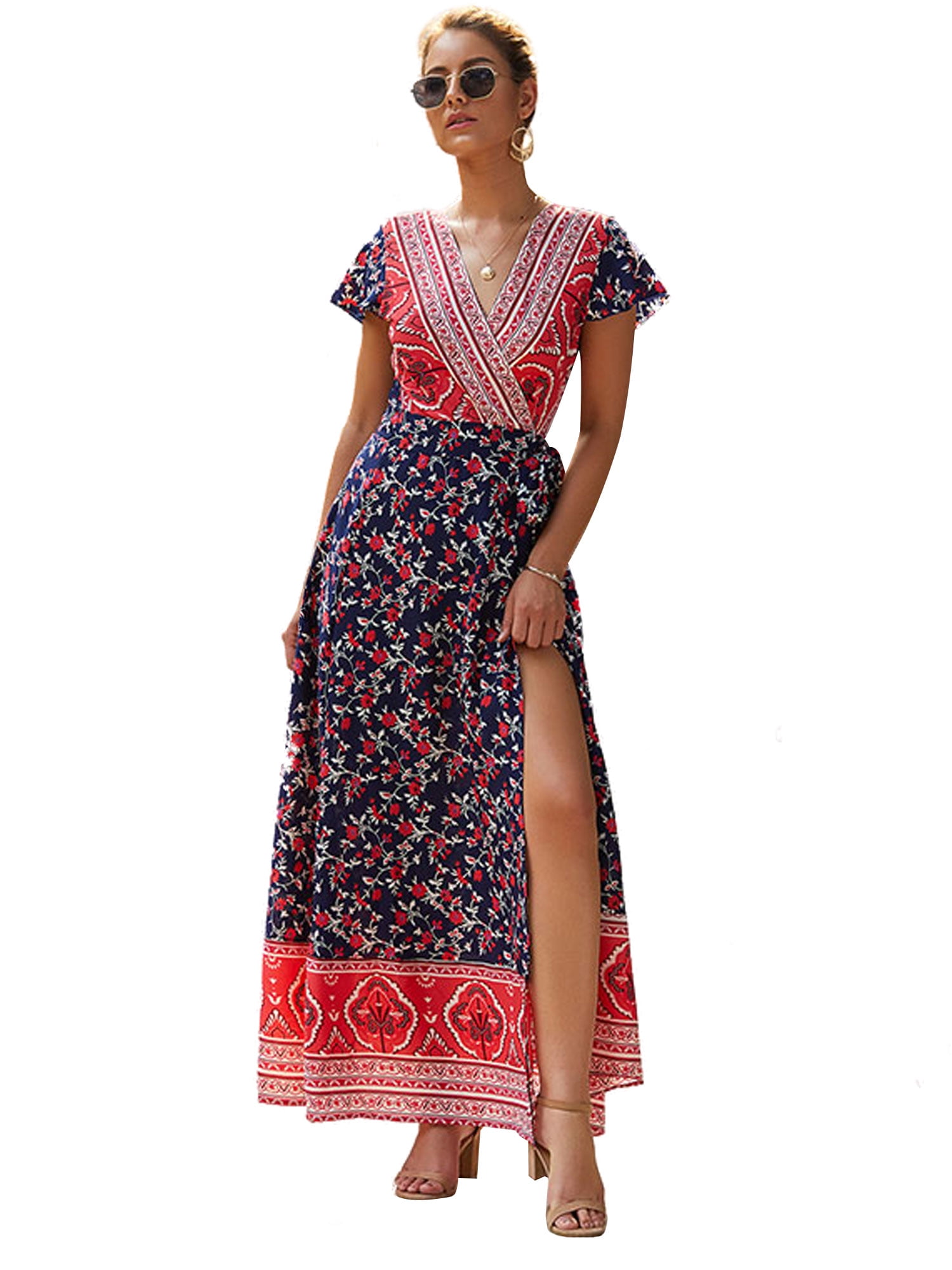 Capreze Boho Beach Polka Dot Printed Midi Dress For Women Casual Ladies  Wrap Summer Paisley Ruffled Irregular Strap Holiday Long Sundress 