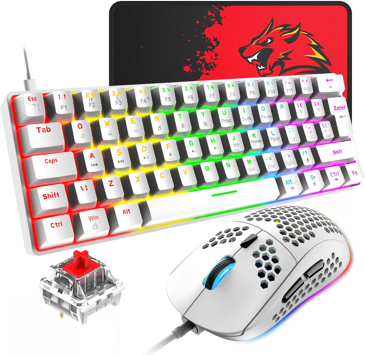 Mechanical Keyboard 60% Wired USB-C Rainbow Backlight Gaming Keyboard, DPI RGB Backlit Gaming Mice For PC,Laptop,MAC (White/Red Switch) - Walmart.com