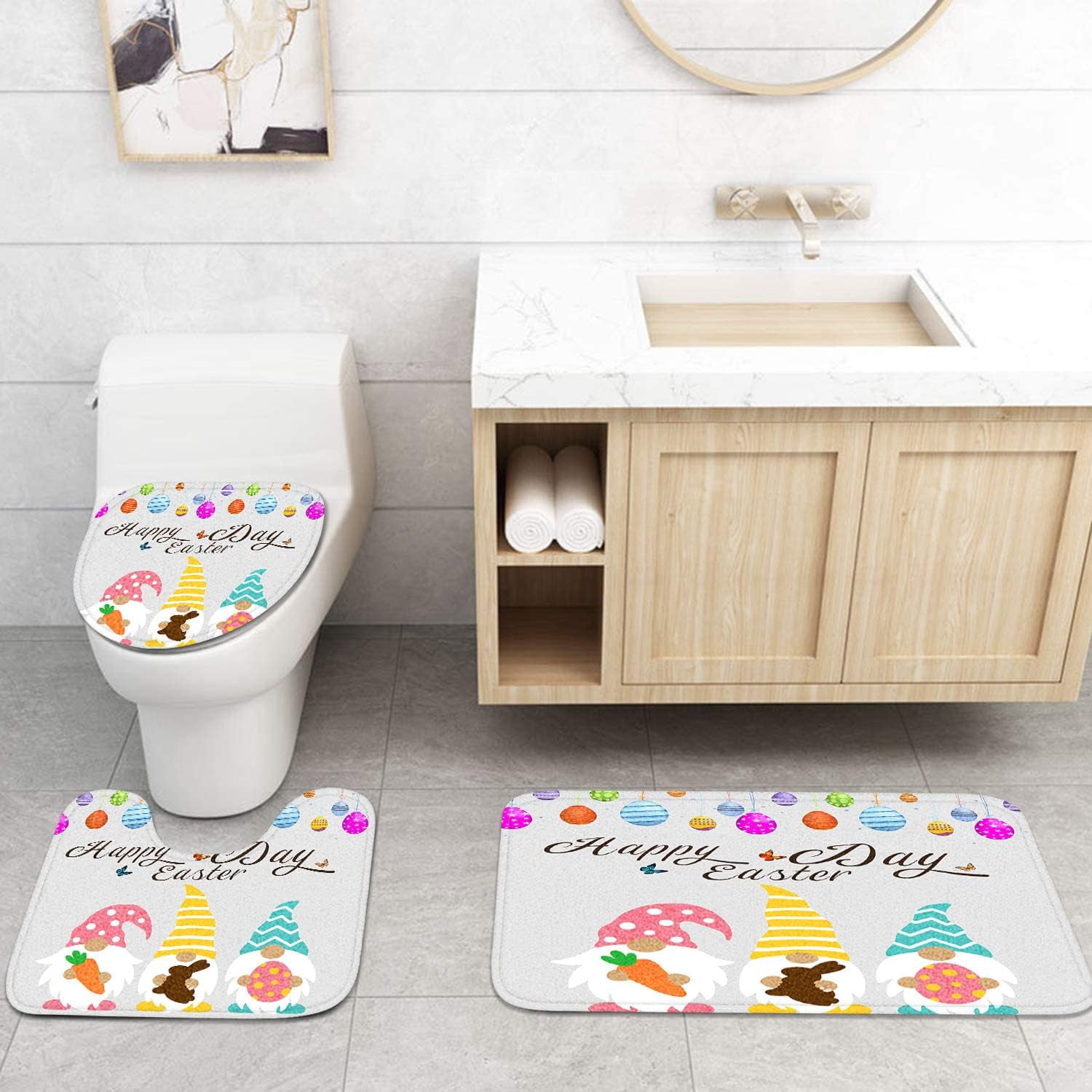 4 Pcs Shower Curtain Set Happy Easter Brown Bunny Bottom Pink Rabbit with Non-Slip Rugs Toilet Lid Cover and Bath Mat Bathroom Decor Set 72 x 72 inch