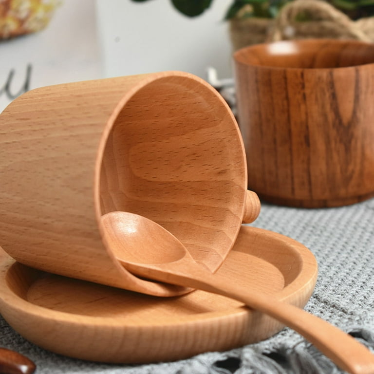 4 Pack Handle Wooden Mug Wooden Cup Natural Solid Wood Mug for Drinking Tea Beer Milk Coffee Hot Drinks Small Reverse Side Ear Cup