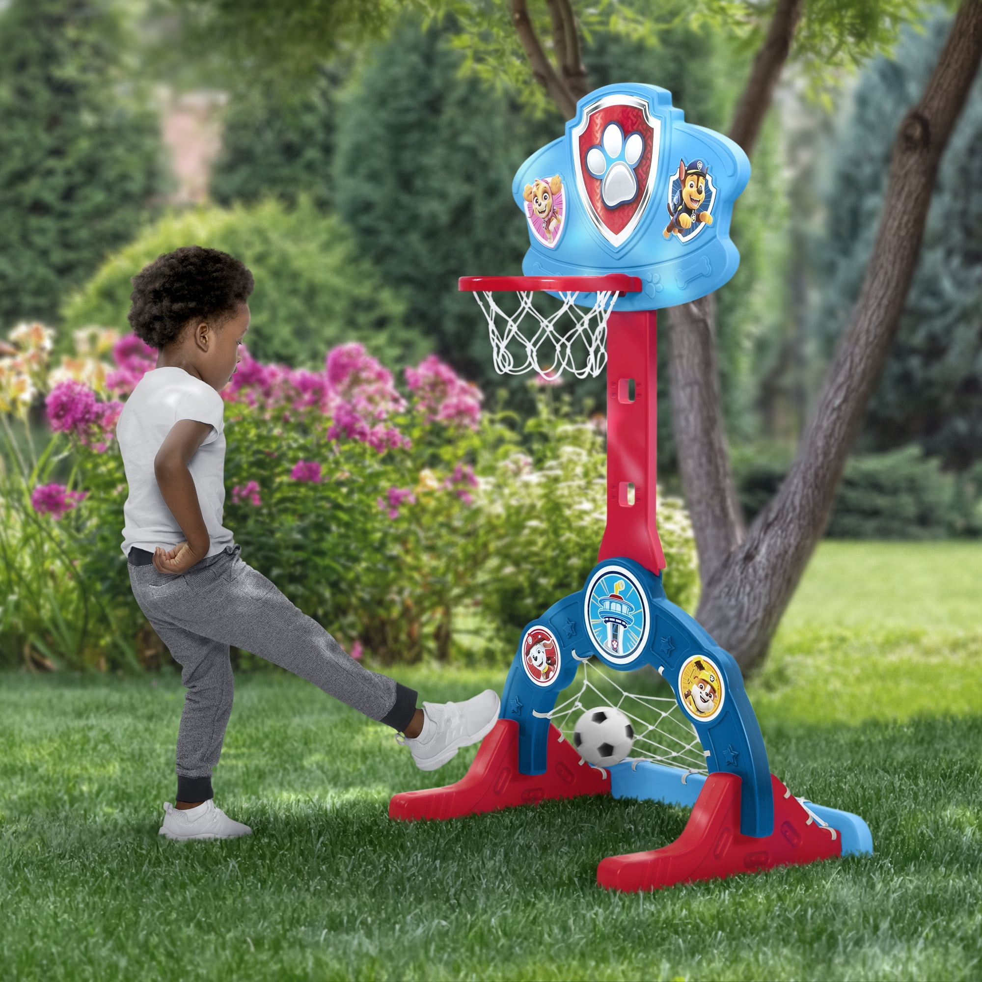PAW Patrol 4-in-1 Sports Center by Delta Children – Adjustable Basketball Hoop, Soccer/Hockey Net & Golf Game, Blue