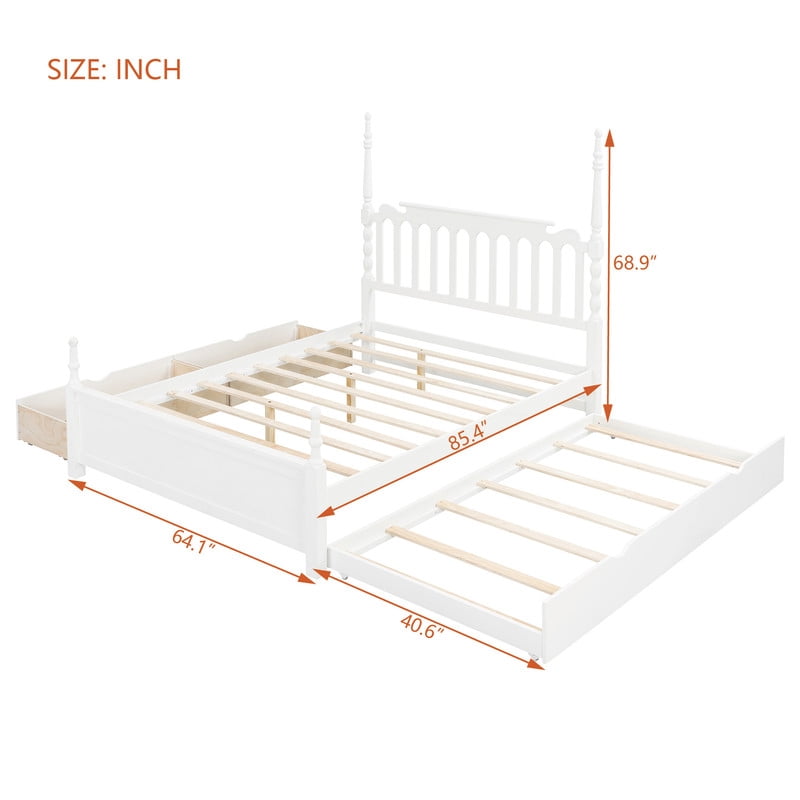 Queen Size Platform Bed with Twin XL Trundle and 2 Storage Drawers, Wooden Bed Frame with Vintage Spindle Headboard & Footboard
