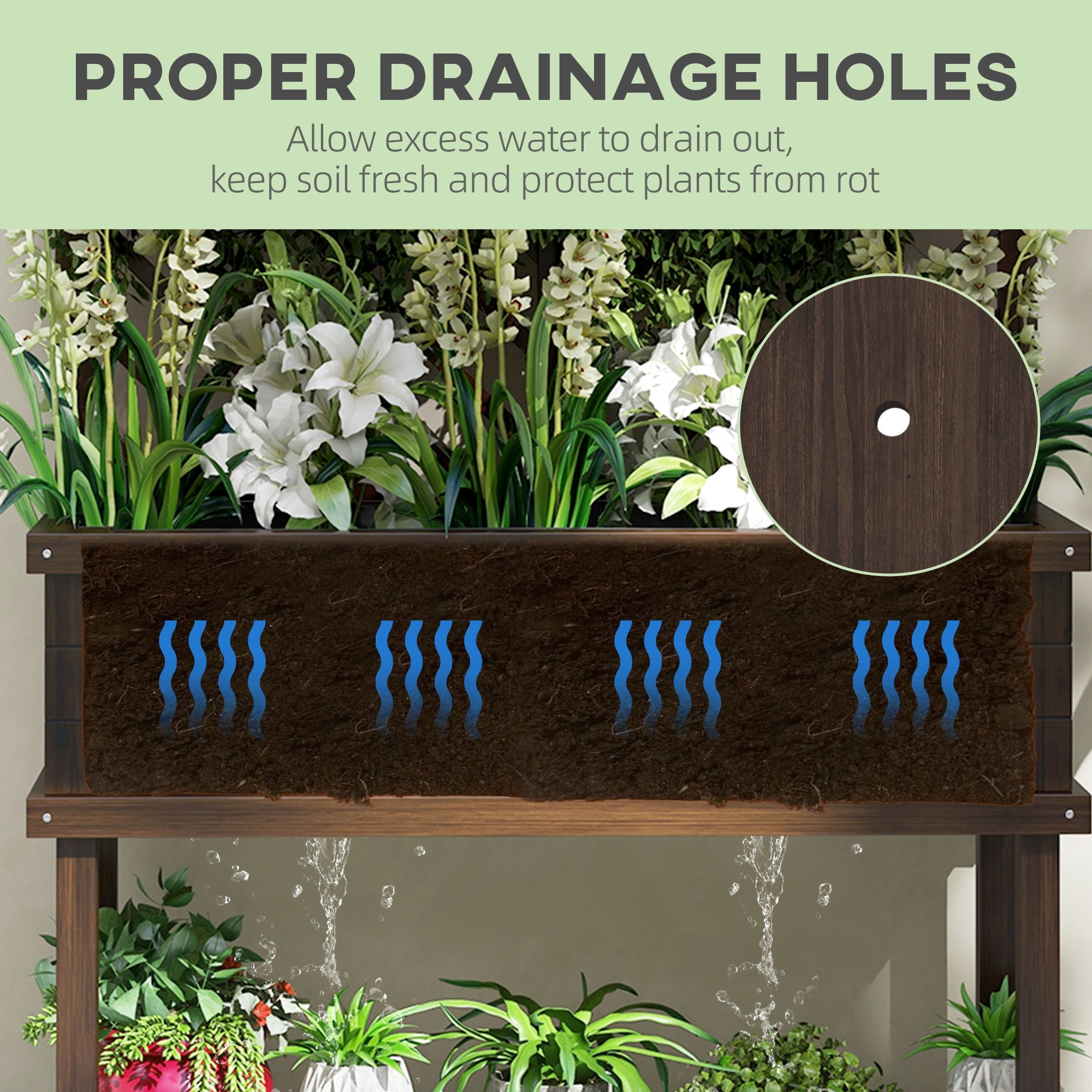 Raised Garden Bed with Trellis for Climbing Plants, Vegetable, Grape Vines, Wood Planter with Legs, Drainage Holes and Filter for Outdoor Garden, Patio, Carbonized