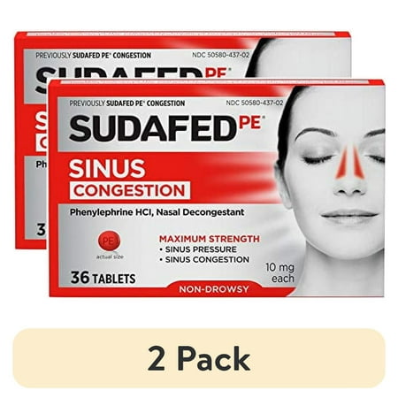 (2 pack) Sudafed PE Sinus Congestion Maximum Strength Non-Drowsy Decongestant Tablets, 36 ct