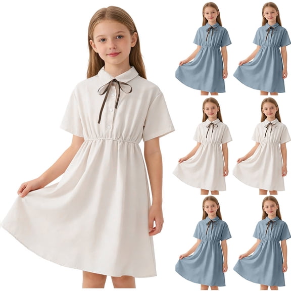Piuwrlz Summer School Uniform Dresses Girls Graphic Crew Neck Dress Lapel Collar Button Princess Skirts Blue Size 13-14 Years