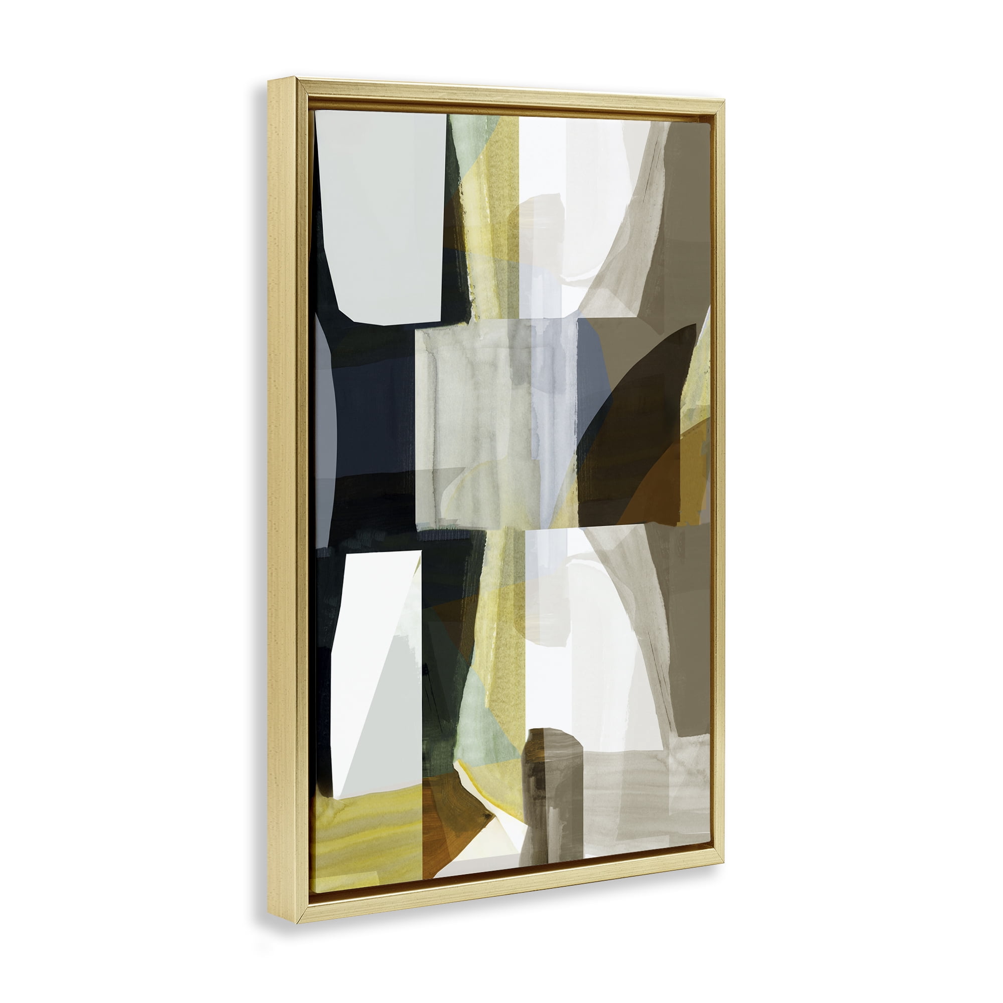 Stupell Industries Geometric with White Blocks Abstract Painting Gold Floater Framed Canvas Art Print Wall Art, 17 x 25
