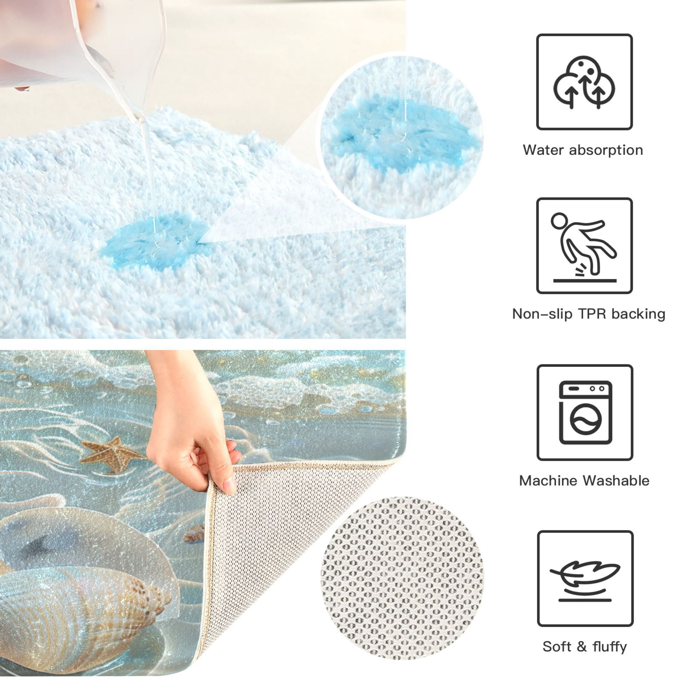 Toilet Rug Set Non-Slip Bathroom Rugs Soft Plush Machine Washable Contour Bath Mat Seashells Sea Stars Beach 24x20/24x16