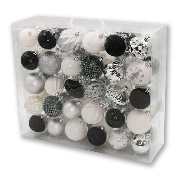 60 Pack Black, White and Silver Ball and Onion Assorted Ornaments