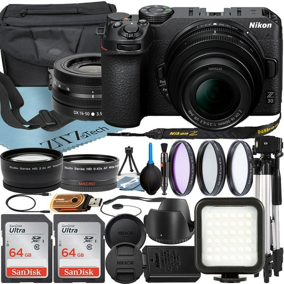 Nikon Z30 Mirrorless Camera with NIKKOR Z DX 16-50mm VR Zoom Lens + 2 SanDisk 64GB Card + Case + Wideangle + Tripod + ZeeTech Accessory Bundle
