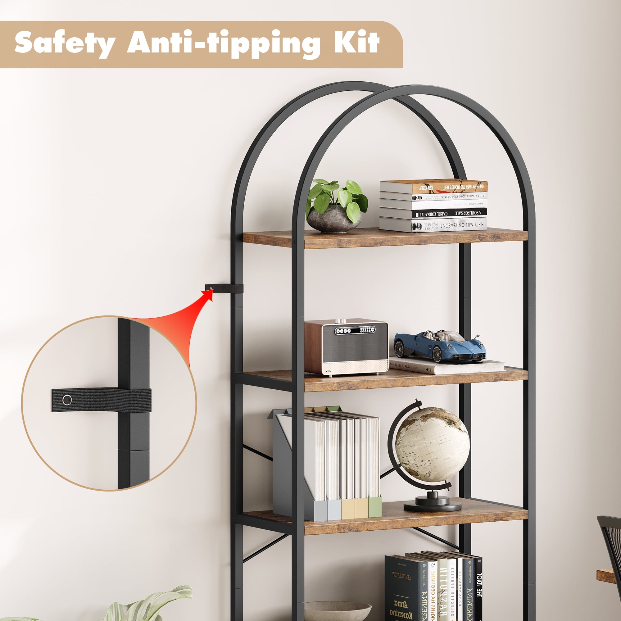 Memoryfield 5 Tier Bookcase, Arched Display Racks Bookshelves, Metal Frame Modern Storage Rack Shelf Large Wood Book Shelf for Bedroom, Living Room, Home Office, Black + Rustic Brown