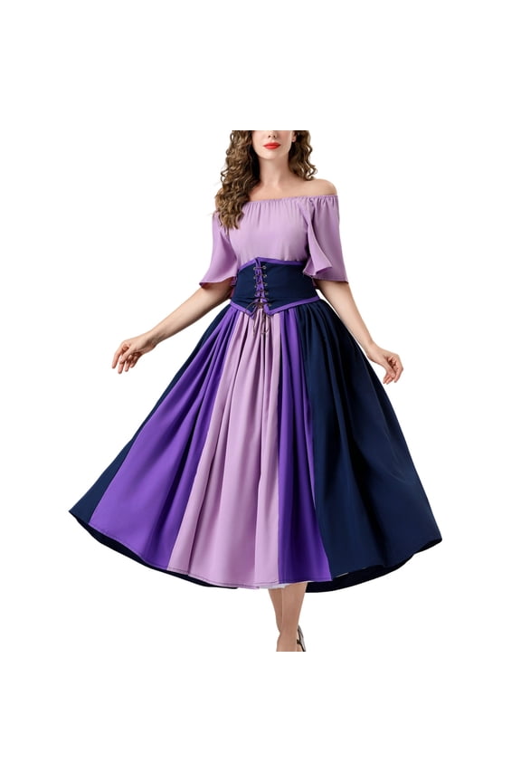 Women's Renaissance Corset Dress, Two-Tone and Solid Color Medieval Vintage Court Gown, Lace-Up Waist Cinching Costume for Themed Parties and Cosplay