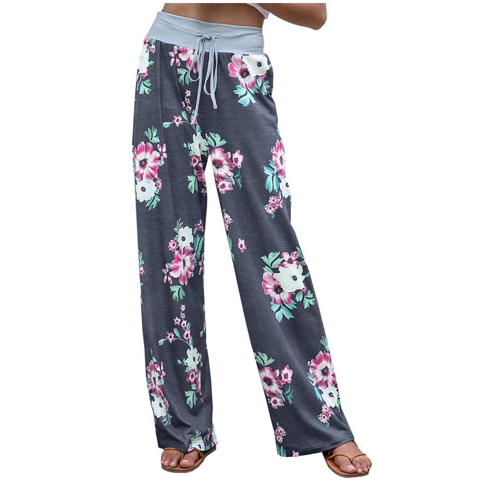 JWZUY Women's Stretch Comfy Pajama Pants Floral Print Drawstring ...
