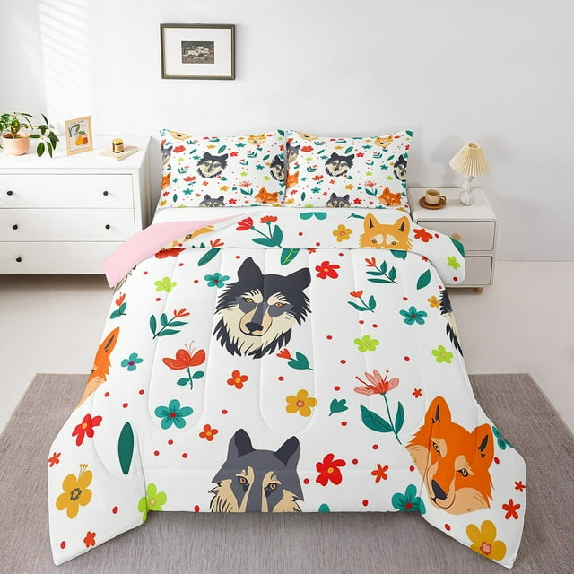 YST Ensemble de Douillette Loup Boho Loups Animal Ensemble de Douillette Simple pour Filles Enfants Mignon Fleur Animal Literie, Douillette Animal Sauvage Motif Floral Botanique Ensemble de Housse de Couette 3D (Revers Rose)