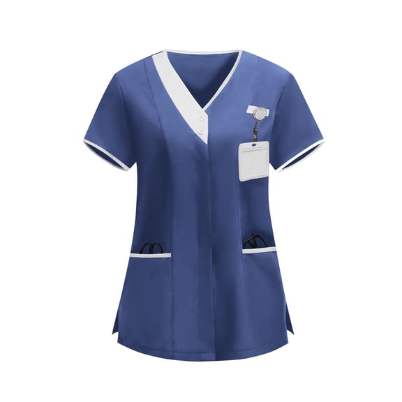 Craaazy Plus Size Women's Solid Color Nursing Scrub T-shirts with Contrast V-Neck and Multi Pockets for Medical Work Gift