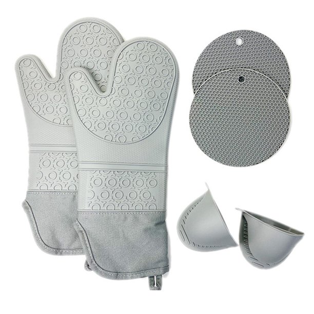 3 pares de guantes de silicona resistentes al calor para horno, cocina, hornear, barbacoa, parrilla, guantes largos, agarradera, almohadilla para olla Gris Sunnimix guantes de horno para hornear