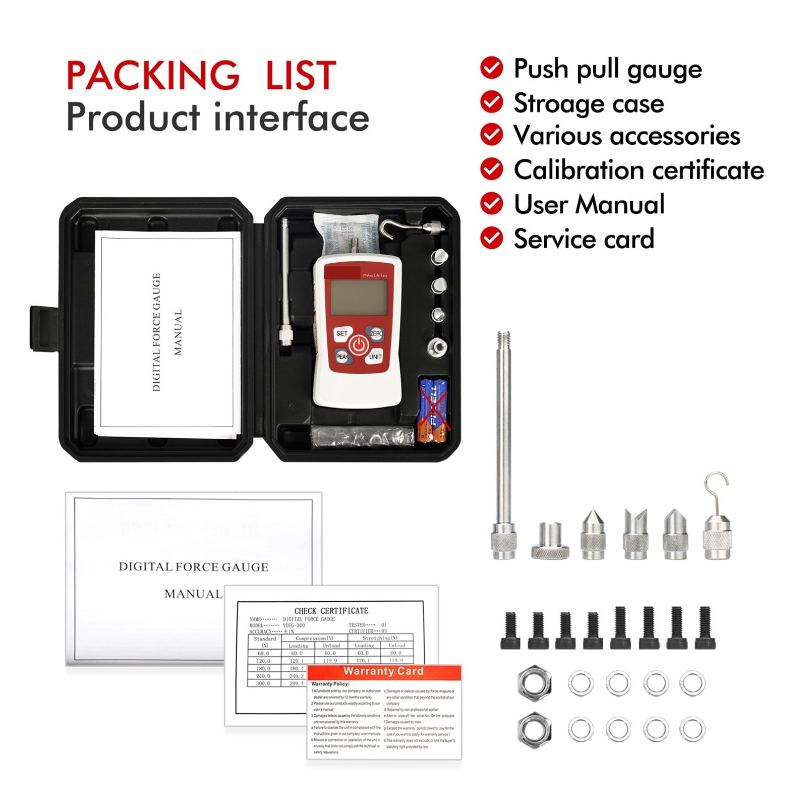 500N 50kg 110Lb 1800Oz Digital Force Gauge Push Pull Gauge Tester Portable Force Meter With Auto Backlit LCD Auto Power-Off