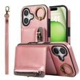 thumbnail image 6 of Wallet Case for iPhone 16, with Wrist Strap 360 Rotating Finger Ring Flip Zipper PU Leather Stand Card Slots Shockproof Drop Protective Phone Cover Girls Women Magnetic Buckle, Pink, 6 of 8