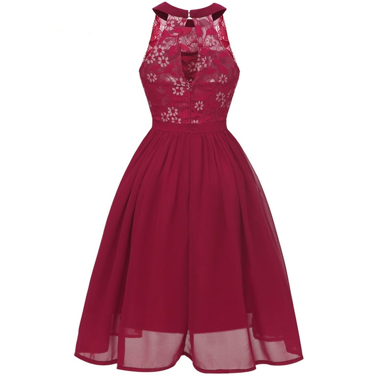 IBTOM CASTLE Women Vintage Floral Lace Chiffon Sleeveless Pleated Halter Short  Bridesmaid Dress A Line Swing Party Cocktail Dress XXL Wine Red -  Walmart.com