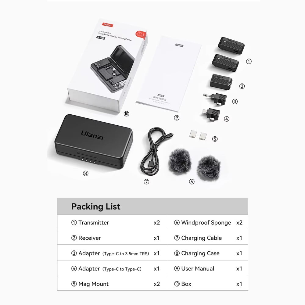 Ulanzi A100 Wireless Lavalier Microphone - J12 Upgrade, Real-Time Monitoring for iPhone 17/16/15 Pro/Pro Max, Camera Sound Recording Mic