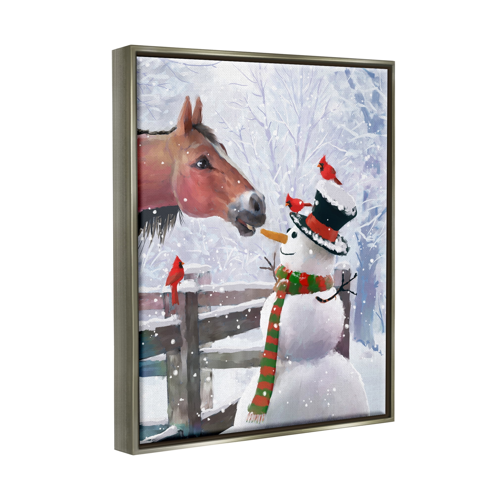 Stupell Industries Horse Eating Snowman Carrot Scene Holiday Painting Gray Floater Framed Art Print Wall Art