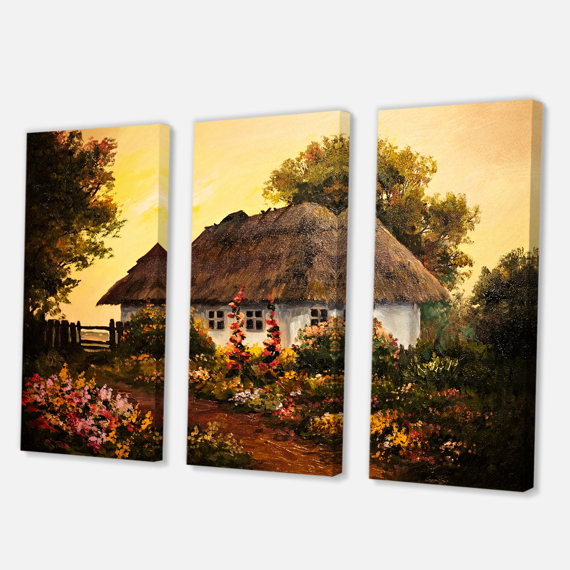 Designart ' Traditional Cottage At Sunset In Autumn Flowers ' Traditional Canvas Wall Art Print