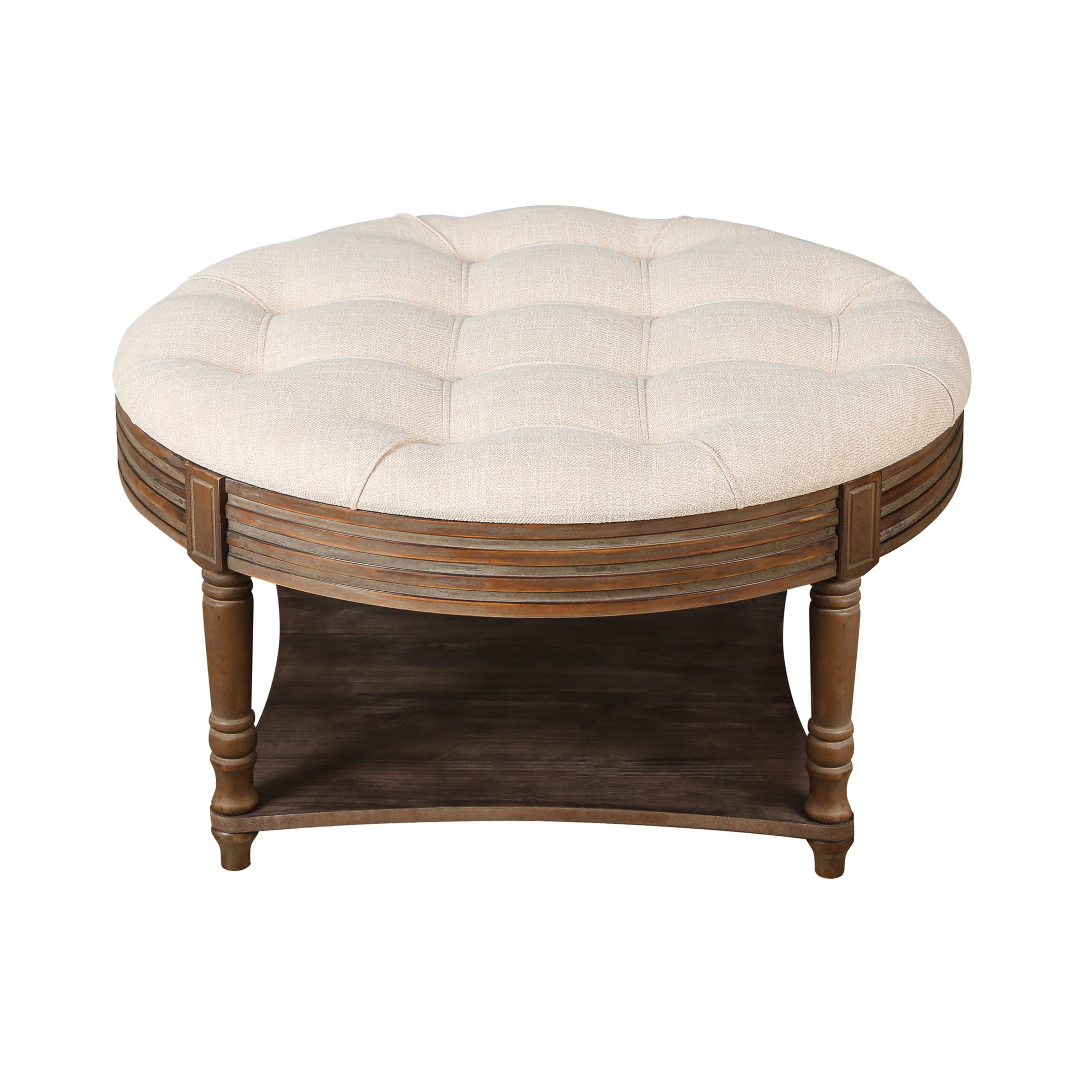 Noble House Large Round Tufted Ottoman Coffee Table with Wooden Storage Shelf, Waterproof Farmhouse Upholstered Footstool,Beige+White