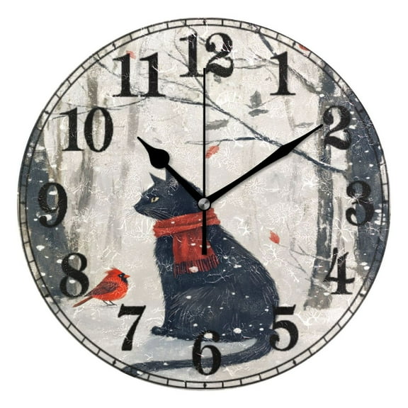 Cat and Bird in Winter Silent Wall Clock 10" Non-Ticking Battery Clock