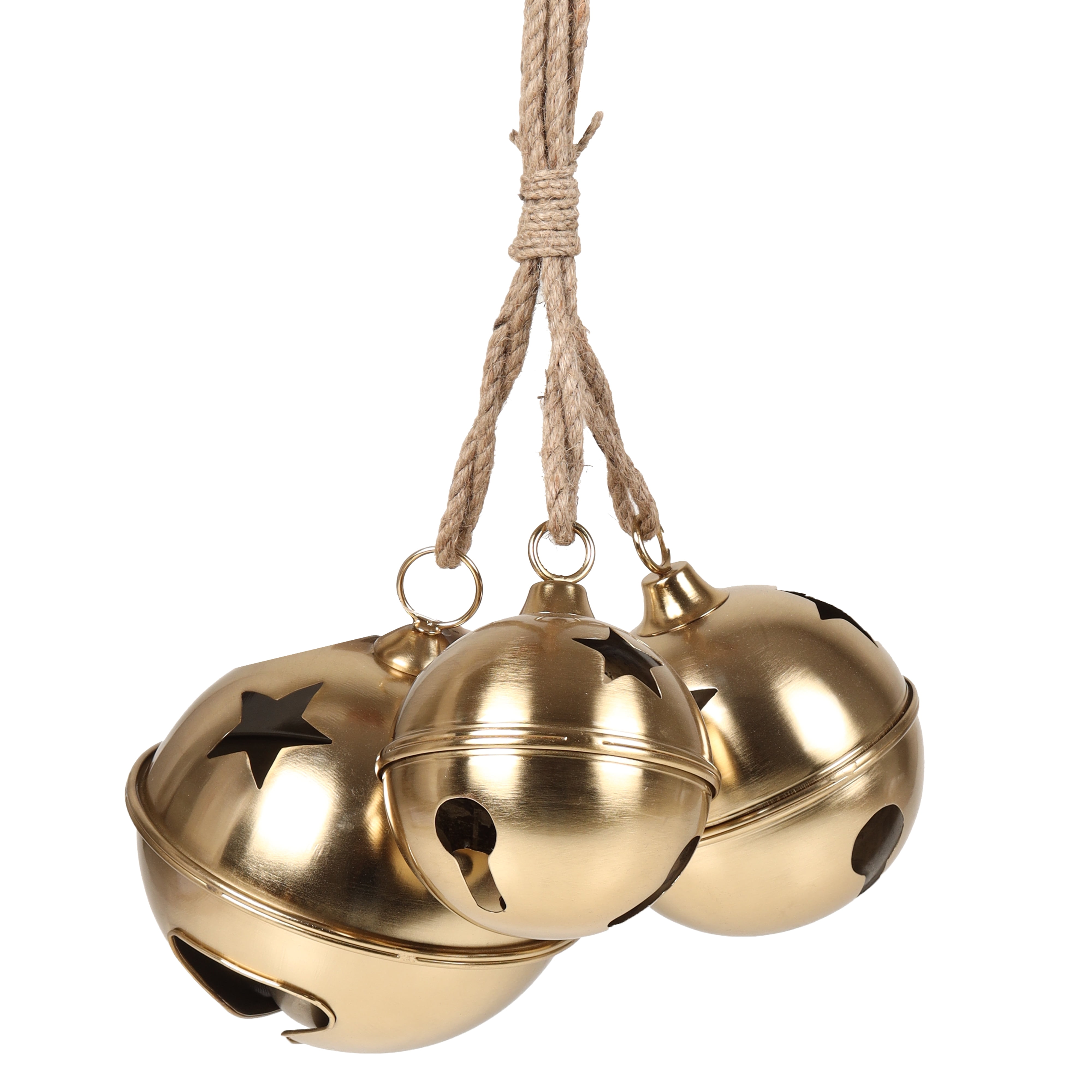 Holiday Time Gold Metal Bells Large, Medium and Small with Hanging Natural Jute Set of 3, Christmas Decor