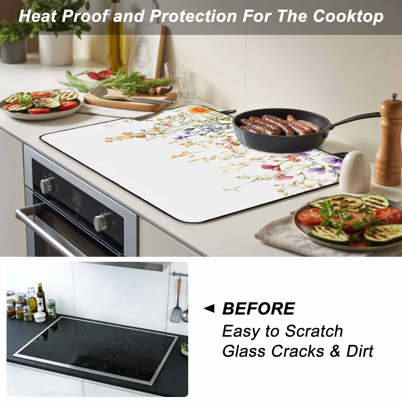 Spring Floral Stove Top Cover for Electric Stove, Heat-proof & Non Slip Glass Top Stove Cover Protector, Watercolor Leaves Wildflower Pastoral Kitchen Flat Cooktop Rubber Mat 24x21 Inches