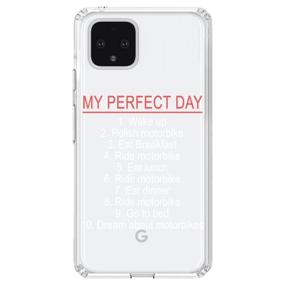 DistinctInk Clear Shockproof Hybrid Case for Google Pixel 4 (6.1" Screen) - TPU Bumper Acrylic Back Tempered Glass Screen Protector - My Perfect Day - Motorbike Motorcycle