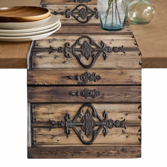 Wooden Plank Table Runner, Rustic Farmhouse Brown Black Barn Door Washable Cotton Linen Table Runners 60 Inches Long, Dresser Scarf Runner for Coffee/TV Stands/Kitchen/Cabinets 13''x60''