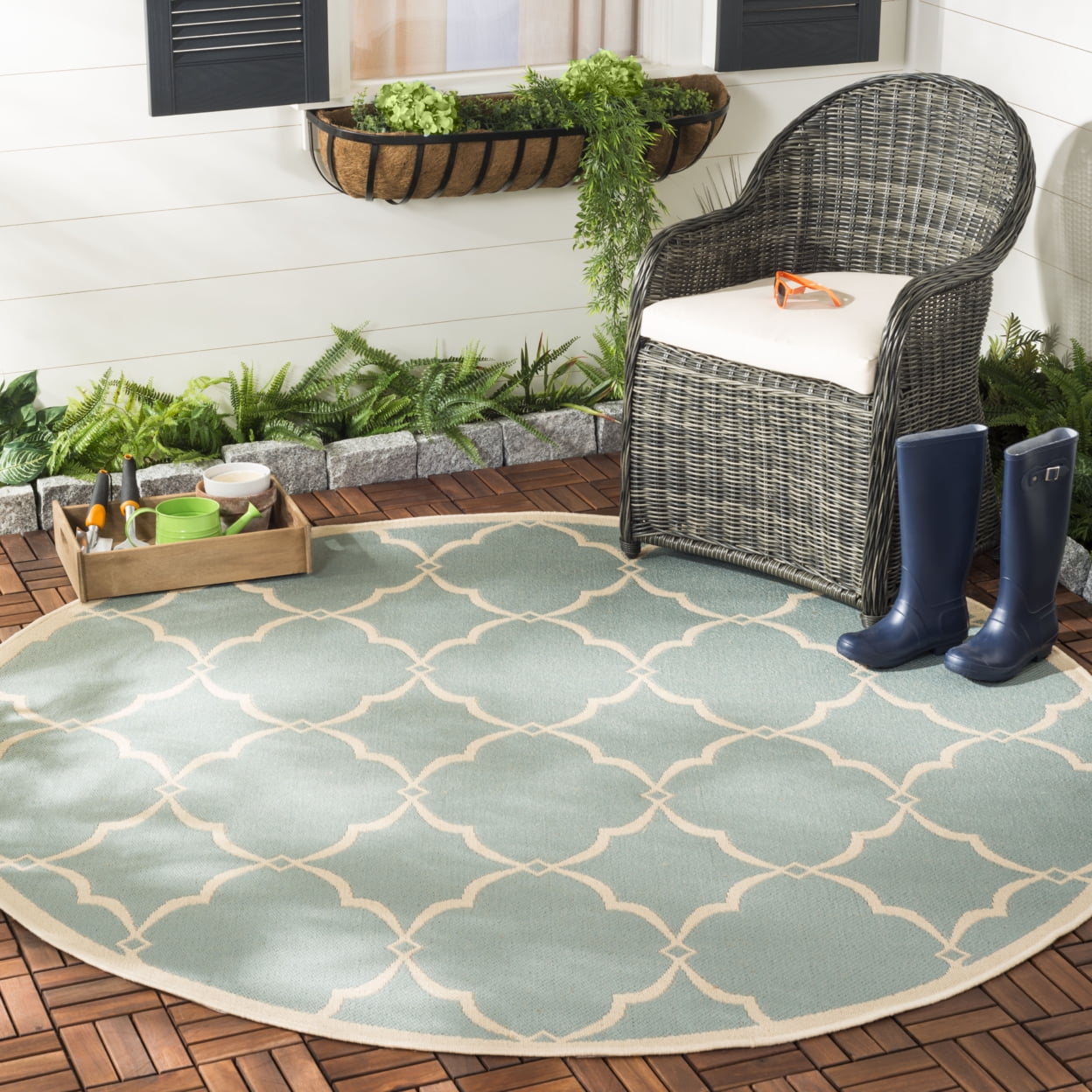 SAFAVIEH Beach House Nick Indoor/Outdoor Area Rug Aqua/Cream, 6'7" x 6'7" Square