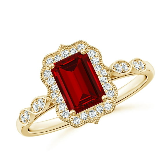 ANGARA Lab Grown 1 Ct Vintage Inspired Ruby Ornate Halo Engagement Ring for Women in 14K Yellow Gold (Size-7x5mm) | July Birthstone, Anniversary, Jewelry Gift for Women | Lab-Grown Ruby Ring