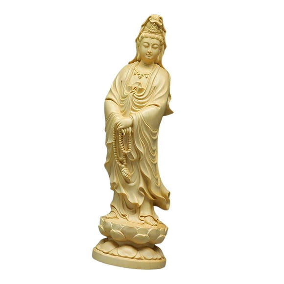 KLKCMS Boxwood Guanyin Sculpture Buddhism Sculpture Crafts for Tabletop Office Home