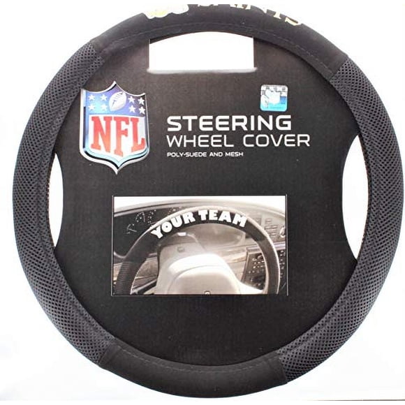 Cubierta de volante de poliéster gamuzado con los colores del equipo de la NFL New Orleans Saints. Ajusta en la mayoría de los volantes estándar. Negro/Colores del equipo