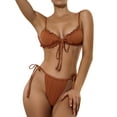 thumbnail image 2 of Gureui 3Pcs Women Split Swimsuit Set, Solid Color Sleeveless Bikini with Ruffles+Lace-up Panties+See-through Mesh Cover Ups, 2 of 7