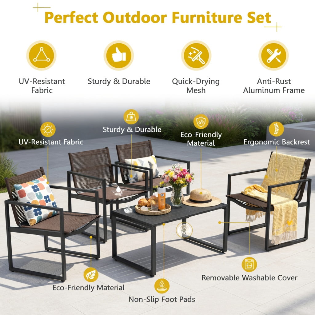 Hommoo 4-Piece Modern Outdoor Patio Conversation Set, Steel Frame Sofa Loveseat with Coffee Table, Weather-Resistant Polyester Rope Design for Backyard, Poolside & Balcony, Brown and Black