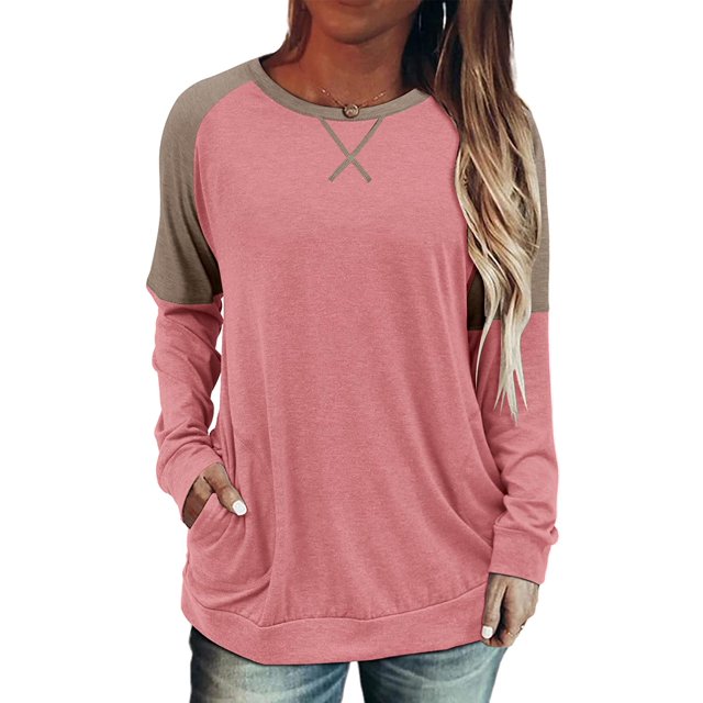 Womens Tops Color Block Pullover Long Sleeve T Shirts with Pockets Crew Neck Tunic Blouse