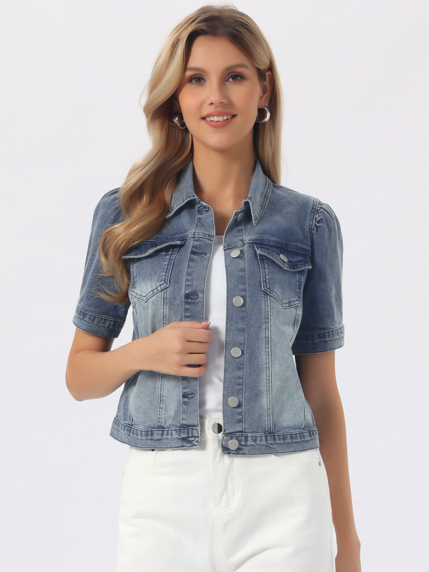DARING DIVA Women's Jean Jacket Short Puff Sleeves Button-Down Denim Jacket S Gray Blue
