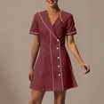 thumbnail image 2 of yoeyez Nurses Scrub Dress Uniforms Women's Solid Color Splicing Knee Length Dresses with Pocket Casual Short Sleeve V-Neck Holiday Workwear Wine,S, 2 of 7