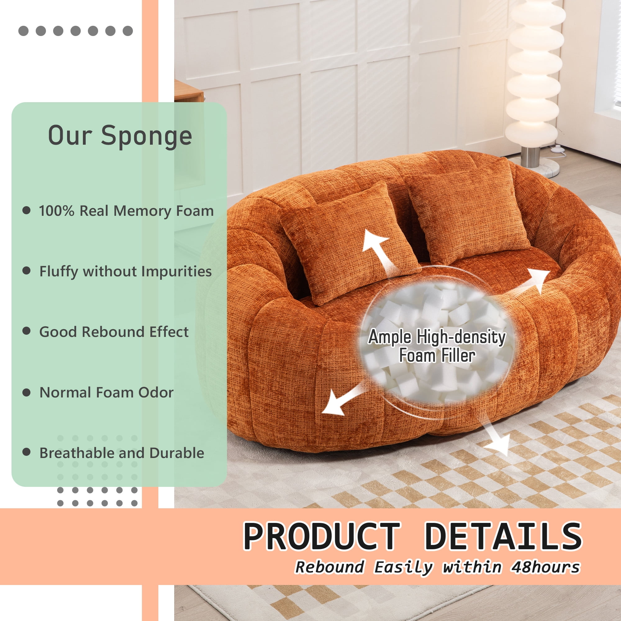 MOONMISS Chenille Durable Comfort Lounger High Back Bean Bag loveseat Lazy Sofa-Orange