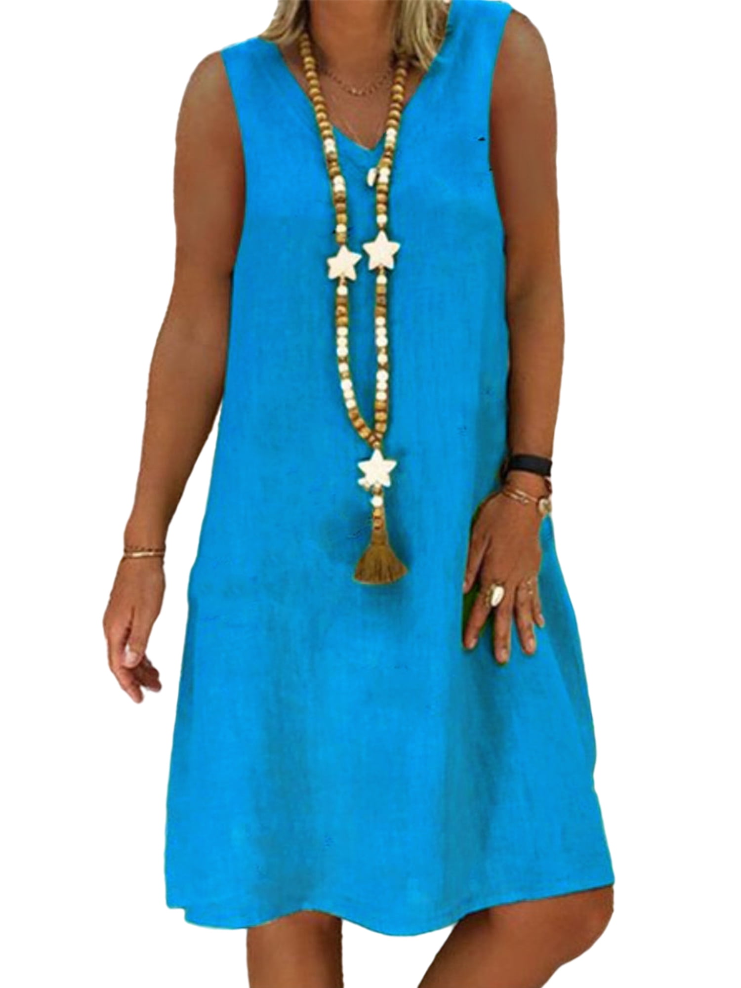 Frontwork Plus Size Cotton Linen Tank Dresses For Women VNeck Solid