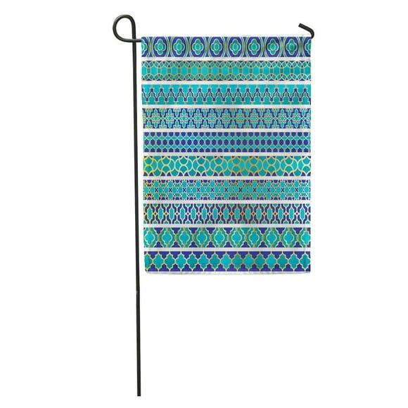 NUDECOR Blue Pattern Moroccan Borders Geometric Gold Eastern Middle Moorish Turquoise Garden Flag Decorative Flag House Banner 12x18 inch